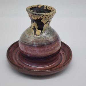 Studio Pottery Handcrafted Multicolor Ceramic Vase or Candle Holder With Drip Gl